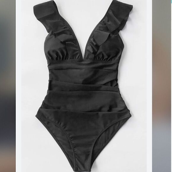 CUPSHE Women's Ruffled One Piece Swimsuit V Neck Lace Up - Picture 1 of 6